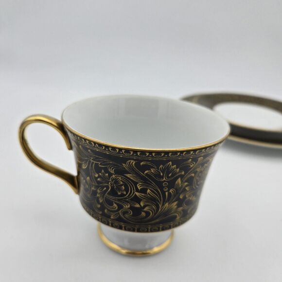 Vintage Sango China Japan Richelieu 3756 Black Gold Cup Saucer Dessert Plate Set - Picture 7 of 15